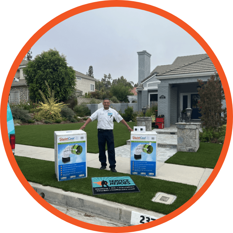Man standing in yard with signs